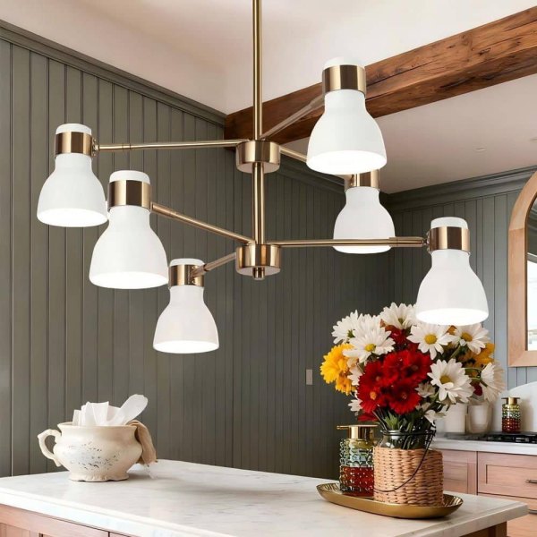 Rustic Farmhouse 6-Light Brass Gold and White Sputnik Chandelier, Adjustable Hanging Pendant Light for Dining Room