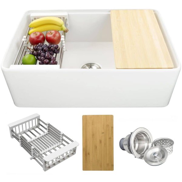 White Fireclay 33 in. Single Bowl Apron-Front Workstation Kitchen Sink with Basket Strainer