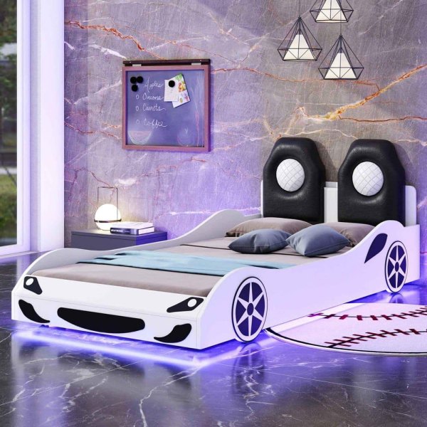 White Wood Frame Twin Size Platform Bed with LED and Upholstered Backrest