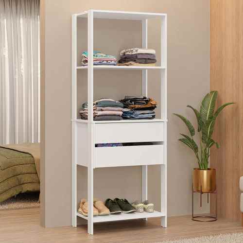 Madesa – Wardrobe Clothes Storage Rack with 2 Drawers and Open Shelves 74L – White – White
