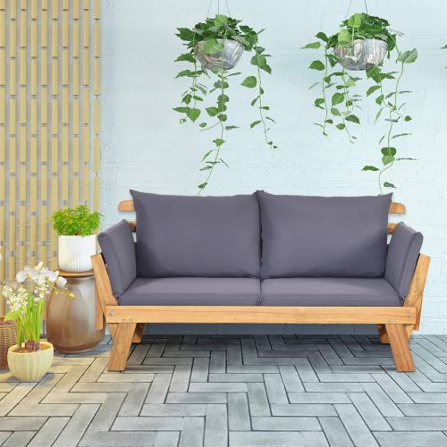 Gymax – Adjustable Patio Sofa Daybed Acacia Wood Furniture w/ Cushion Pillow – Gray