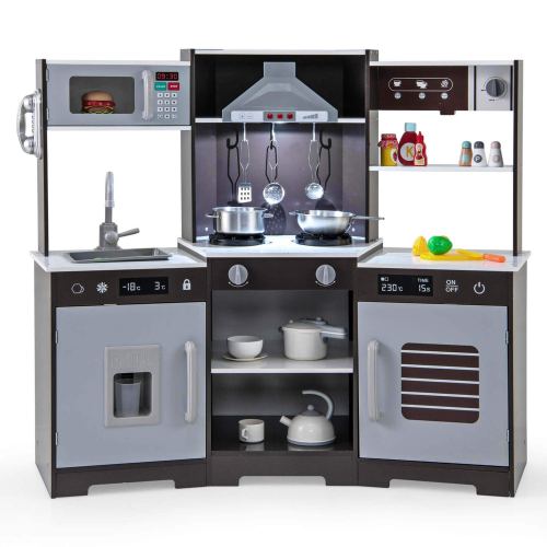 Costway – Pretend Play Kitchen for Kids Toddler Aged 3+ Wooden Toy Set with Range Hood – Brown