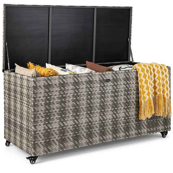 Gymax - 2-in-1 PE Wicker Outdoor Storage Box Furniture Deck Box Garden Tools - Mix Grey
