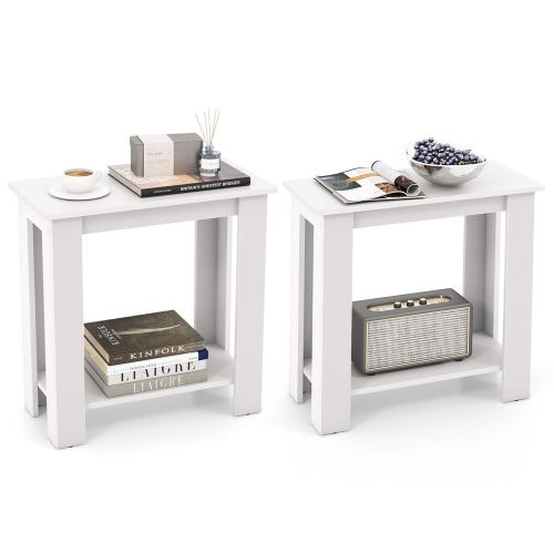 Gymax – 2 PCS 2-Tier End Table Modern Sofa Bedside Compact Nightstand with Storage Shelf – White