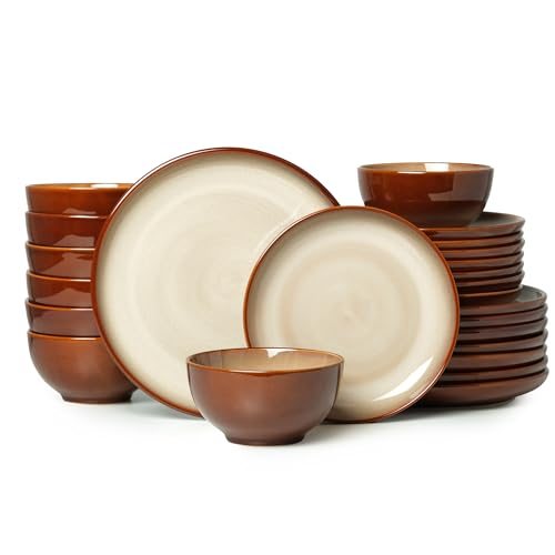 Stoneware Dinnerware Sets for 8, 24pcs Plates and Bowls Sets Dishes, Brown Yellow