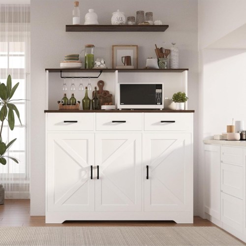 Gaomon Wooden Buffet Cabinet with Barn Doors, Microwave Stand, Drawers & Shelves – Coffee Bar Sideboard for Kitchen or Living Room – White