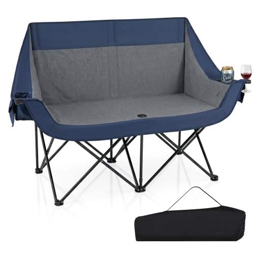 Gymax – Heated Double Camping Chair w/4 Heating Zones & 3 Heat LevelsWine Glass Holders Navy – Blue