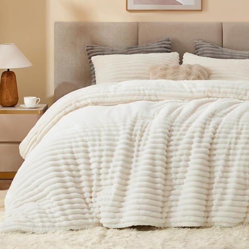 Fleece Queen Comforter Set, Fluffy Bed Set, Cream White |