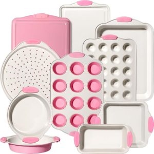 22 PCS Nonstick Baking Pans Set, Stackable Bakeware with Silicone Handles, Pink
