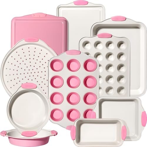 22 PCS Nonstick Baking Pans Set, Stackable Bakeware with Silicone Handles, Pink