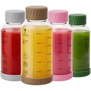 12 oz Glass Juice Bottles 4 Pack, Leakproof Borosilicate Glass Bottles