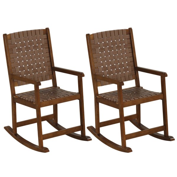 Gymax - 2PCS Rocking Chair w/PU Seat & Rubber Wood Frame Safe & Smooth Rocking Motion - Brown