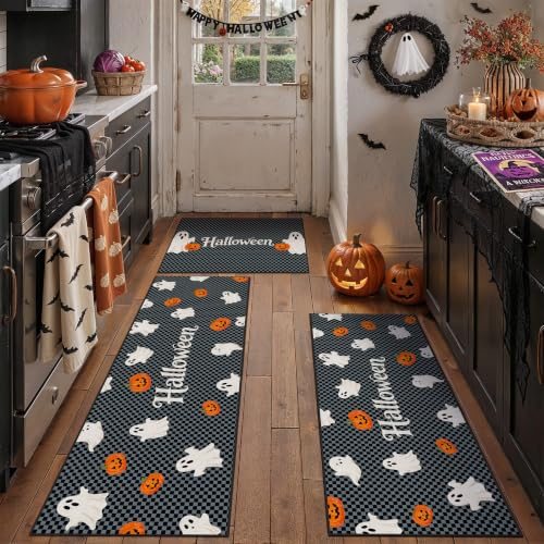 3-Piece Black Ghost Halloween Kitchen Rug Set