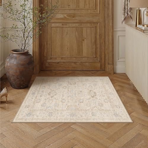 2×3 Beige Area Rug for Entryway Vintage Neutral Washable Carpet