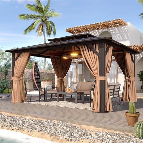 12’x10′ Hardtop Gazebo with Polycarbonate Double Roof, Brown