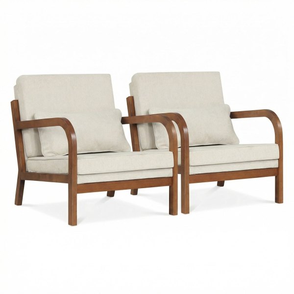 Gymax - 2PCS Linen Fabric Upholstered Armchair w/ Lumbar Pillow Removable Back - Beige