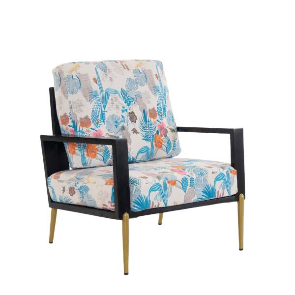 Boyel Living - Retro Rubberwood Frame Low Back Floral Print Velvet Accent Armchair with Gold Metal Legs and Pillow Back - Blue