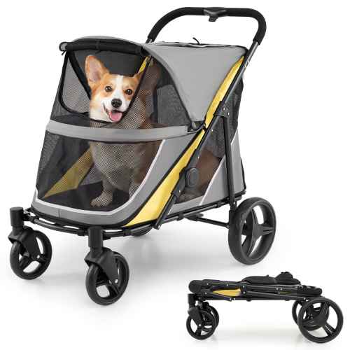 Costway – Dog Stroller for Large Medium Dogs, Easy Fold Pet Stroller with One-Step Foot Brake – Gray + Yellow