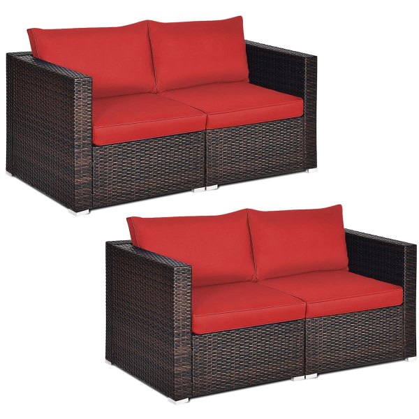 Gymax - 4PCS Rattan Corner Sofa Set Patio Outdoor Furniture Set w/ Red Cushions - as pic