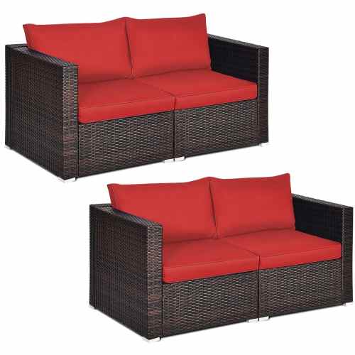 Gymax – 4PCS Rattan Corner Sofa Set Patio Outdoor Furniture Set w/ Red Cushions – as pic