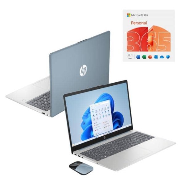 HP - 15.6 HD AI Laptop with Copilot Intel N100 4GB RAM 128GB UFS +HP Wireless Mouse+1 Year Microsoft 365 - Moonlight Blue