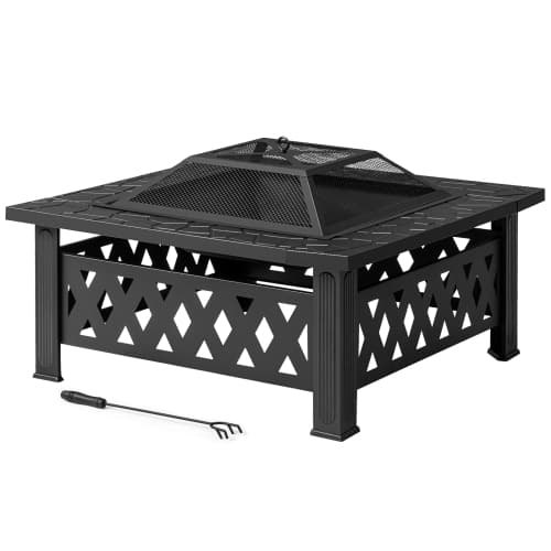 Winado - 32in Metal Fire Pit Stove, 3-in-1 Square Wood Burning Firepit Table with Cover for Outdoor Camping Garden Party Picnic - Black-Diamond Pattern