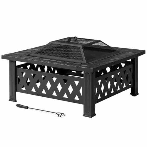 Winado – 32in Metal Fire Pit Stove, 3-in-1 Square Wood Burning Firepit Table with Cover for Outdoor Camping Garden Party Picnic – Black-Bear Pattern