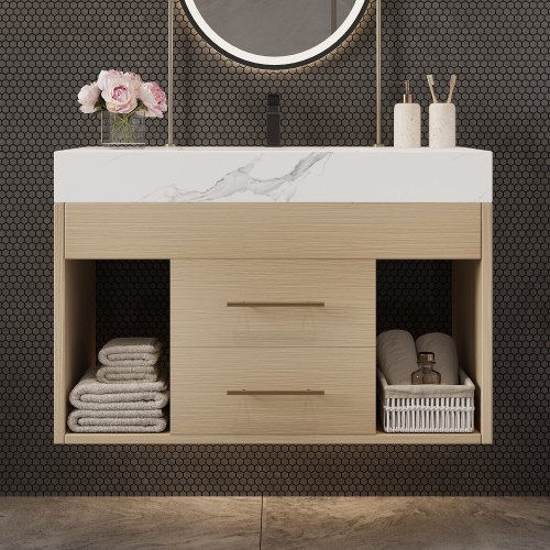 GDFStudio Norvale 24 in. Modern Wall-Mounted Floating Bathroom Vanity with Ceramic Sink Cabinet with Soft Close Hinges Double Doors and Gold Metal