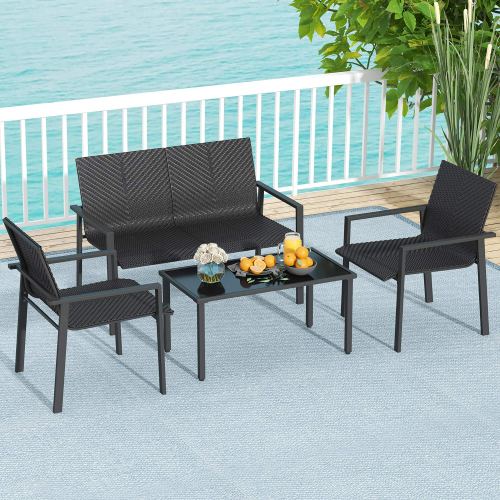 Gymax – 4 PCS Patio Furniture Set Heavy Duty Galvanized Metal Frame Wicker Table – Black