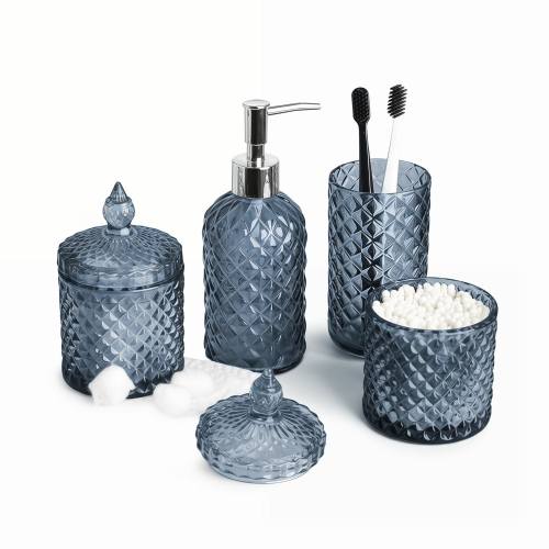 Paradigms Interiors Glass Bathroom Accessories Set Soap Dispenser Toothbrush Holder Qtip