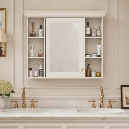 Trivework 55 Inch Mirror Medicine Cabinet with Open Shelves Wall Mounted Home Storage with Doors and Mirror Adjustable Shelf Bathroom Storage Cabinet