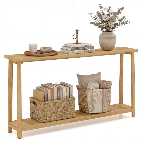 Costway - 71 Solid Wood Large Console Table,2-Tier Farmhouse Sofa Table with Teak Wood Frame - Natural