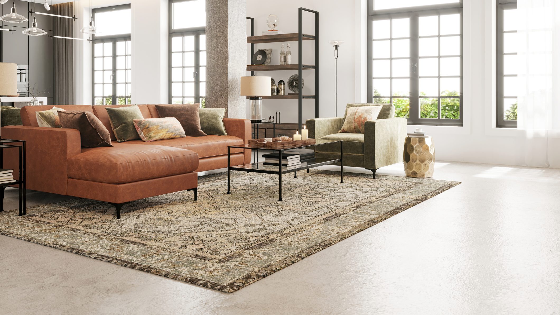Modern apartment living room interior. Carpet, leather sofa, velvet armchair, coffee table, pendant lamp, white windows and big window in the background. Copy space template. Render.