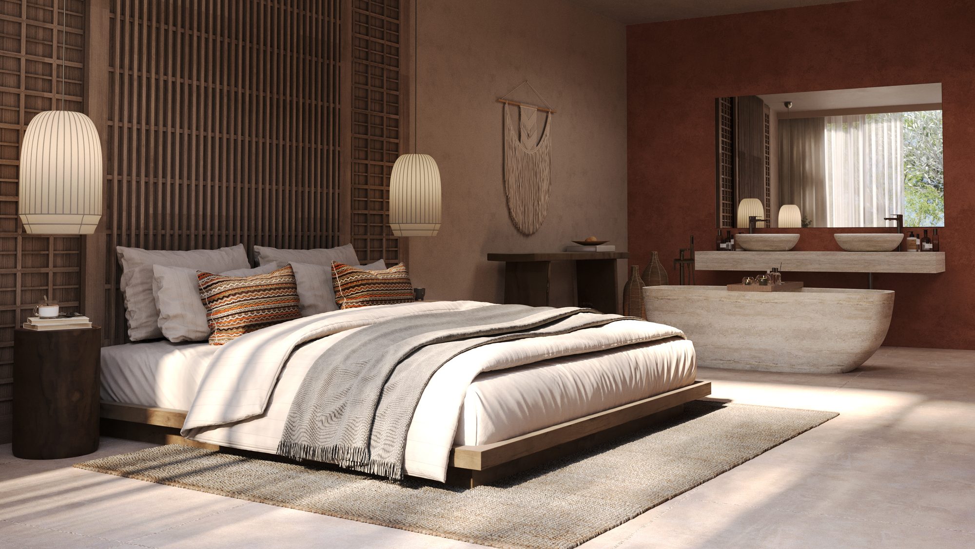 Wabi Sabi, Japandi Bedroom with Stone Bathtub Interior Design. 3D Rendering.
