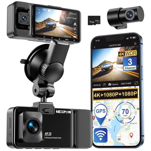 NEXPOW – 3-Channel Dash Cam with 4K Front and 1080P Cabin/Rear Cameras and 5G WiFi – Black
