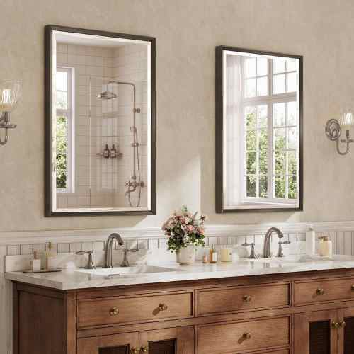 in. W x 36 in. H Double Beveled Frame Mirror, Brushed