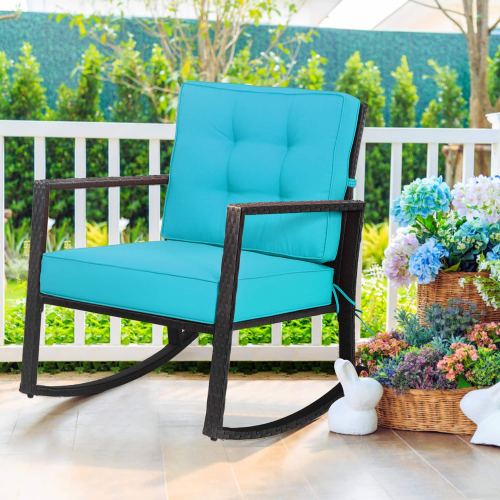 Gymax – Outdoor Wicker Rocking Chair Patio Lawn Rattan Single Chair Glider w/ Turquoise Cushion – black + turquoise