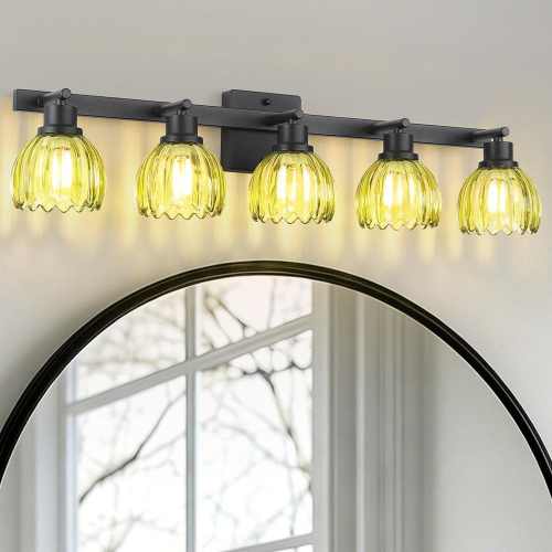 33.5 in. 5-Light Black Bathroom Vanity Light with Green Glass Shade for Bathroom Modern Wall Sconce