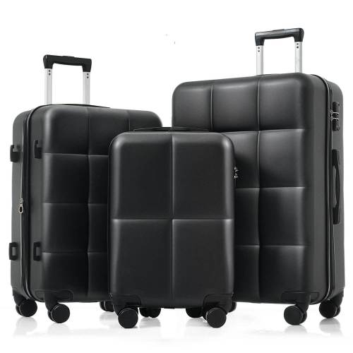 3-Bags 3-Piece Black 20 in. 24 in. 28 in. ABS Hardshell Spinner Luggage Set with Cup Holder, Hooks