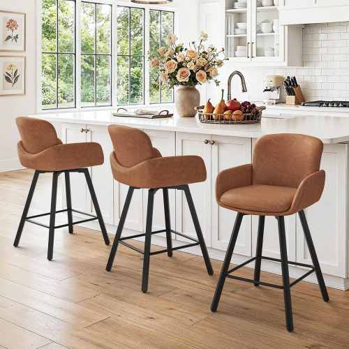 Modern 26 in. Faux Leather Low back Metal Swivel Bar Stools Counter Stool with Armrest and footrests