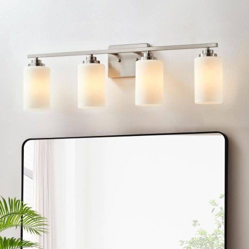 30 in. 4-Light Brushed Nickel Vanity Light with Frosted White Glass Shade