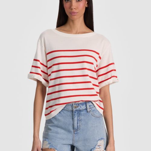 Amelie Striped Knit Tee Soft White/Chili Pepper