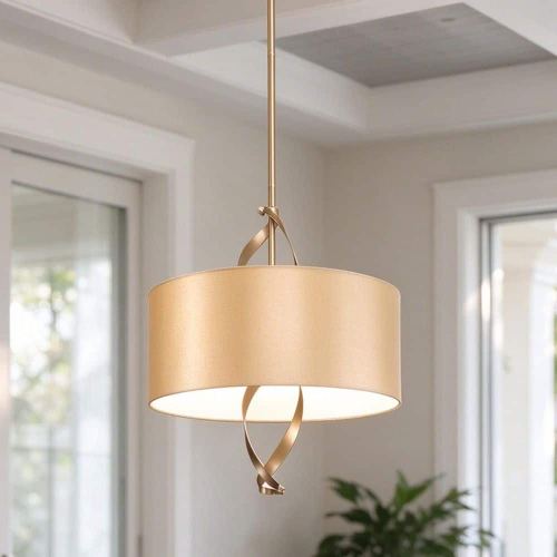 15.7 in. 3-light Champagne Gold Modern Farmhouse Dining Room Drum Pendant Light Traditional Chandelier with Fabric Shade