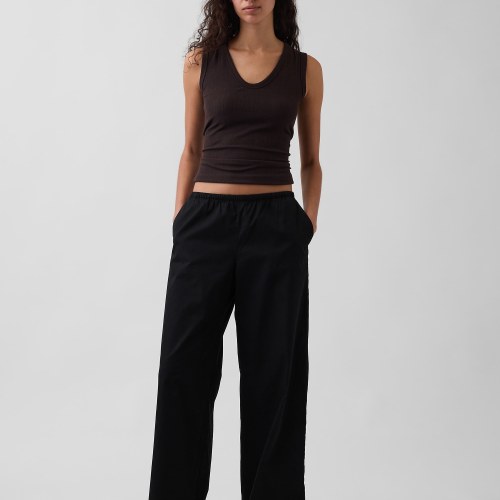 Mid Rise Poplin Relaxed Easy Wide-Leg Pants
