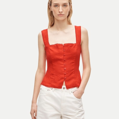 Lace-trim button-up tank top in linen