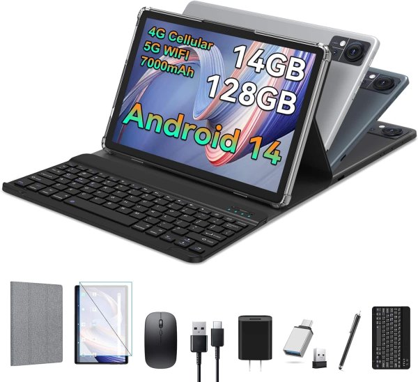 Qukenk - Tablet 10.1 Inch Android 15, Octa-Core, 128GB ROM 14GB RAM, 2026 Newest Tab with Keyboard - Gray