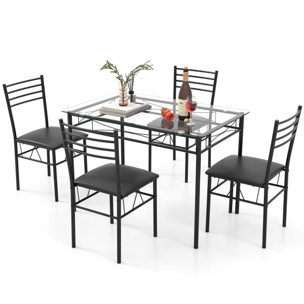 Gymax - 5 PC Dining Set Glass Top Table and 4 Chairs Kitchen Room Furniture - Multicolor