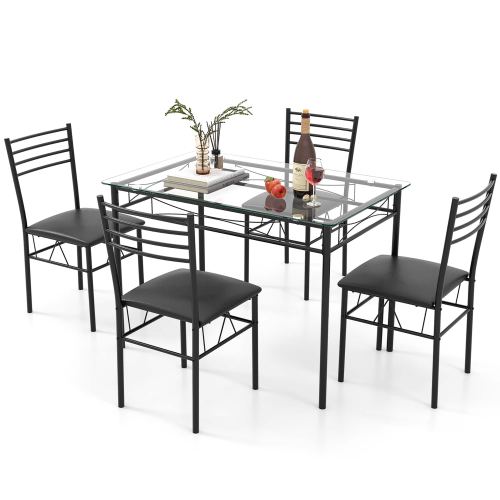 Gymax – 5 PC Dining Set Glass Top Table and 4 Chairs Kitchen Room Furniture – Multicolor