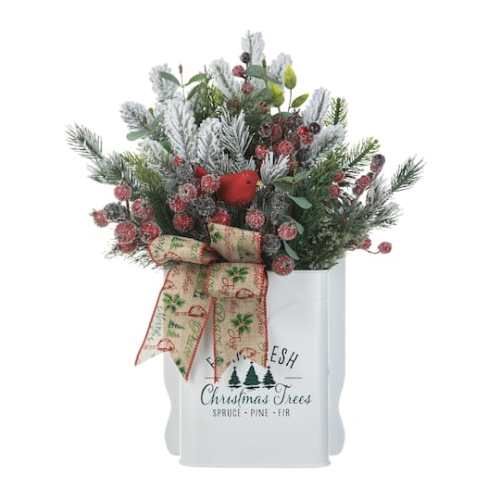 Glitzhome 21 Christmas Pine Needle & Berry Ribbon Centerpiece in Red | 16 x 7.5 x 21 | Michaels