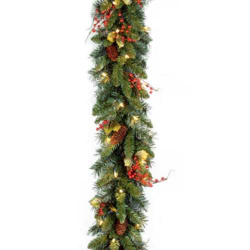 9Ft Pre-lit Feel Real Wintry Berry Collection Artificial Christmas Garlands W/ Big Pine Cones, Red Berries, Snowy Bristle W/ 70 Clear Lights By